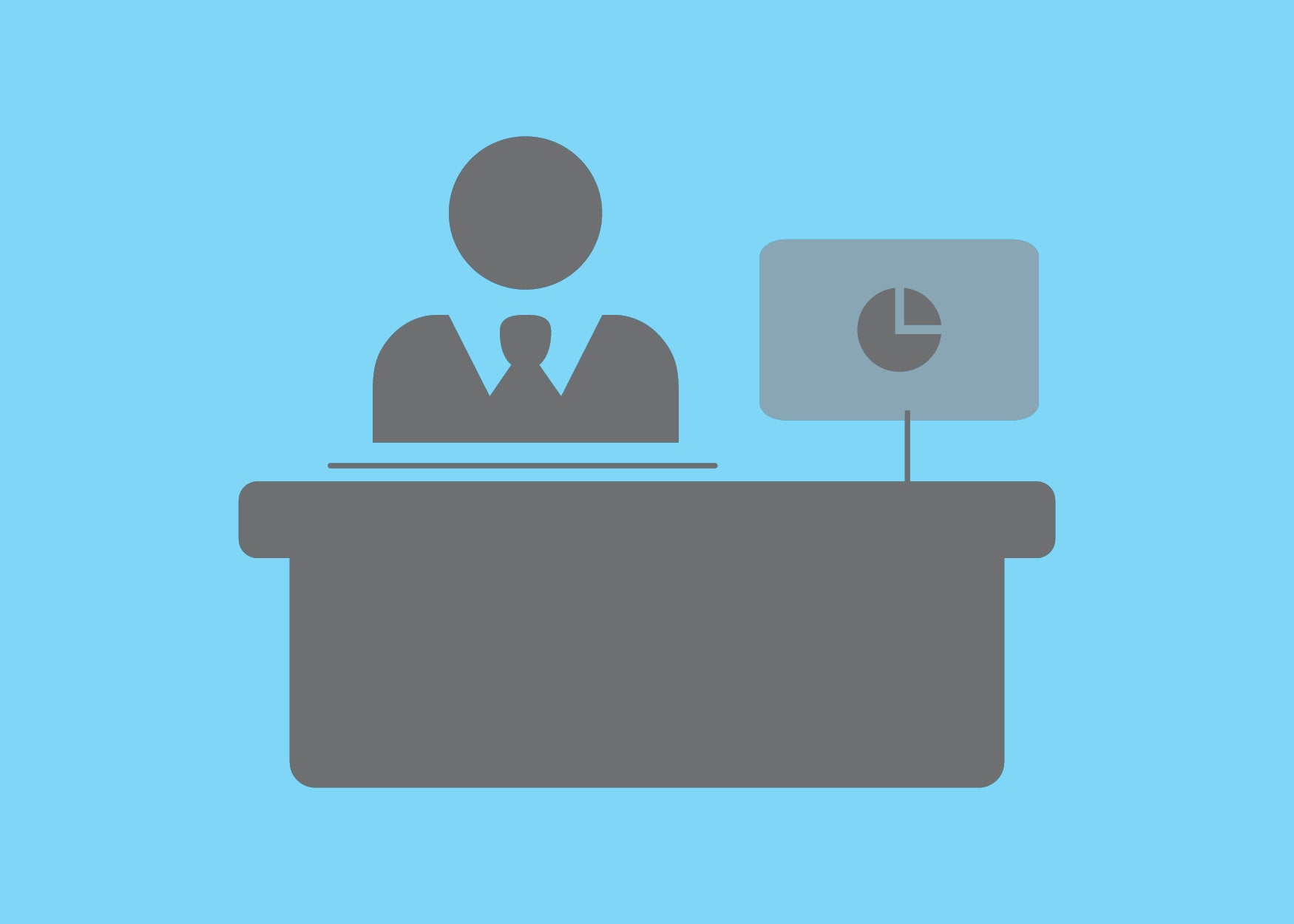 Person icon standing at a desk icon with a computer icon sitting on the desk icon.
