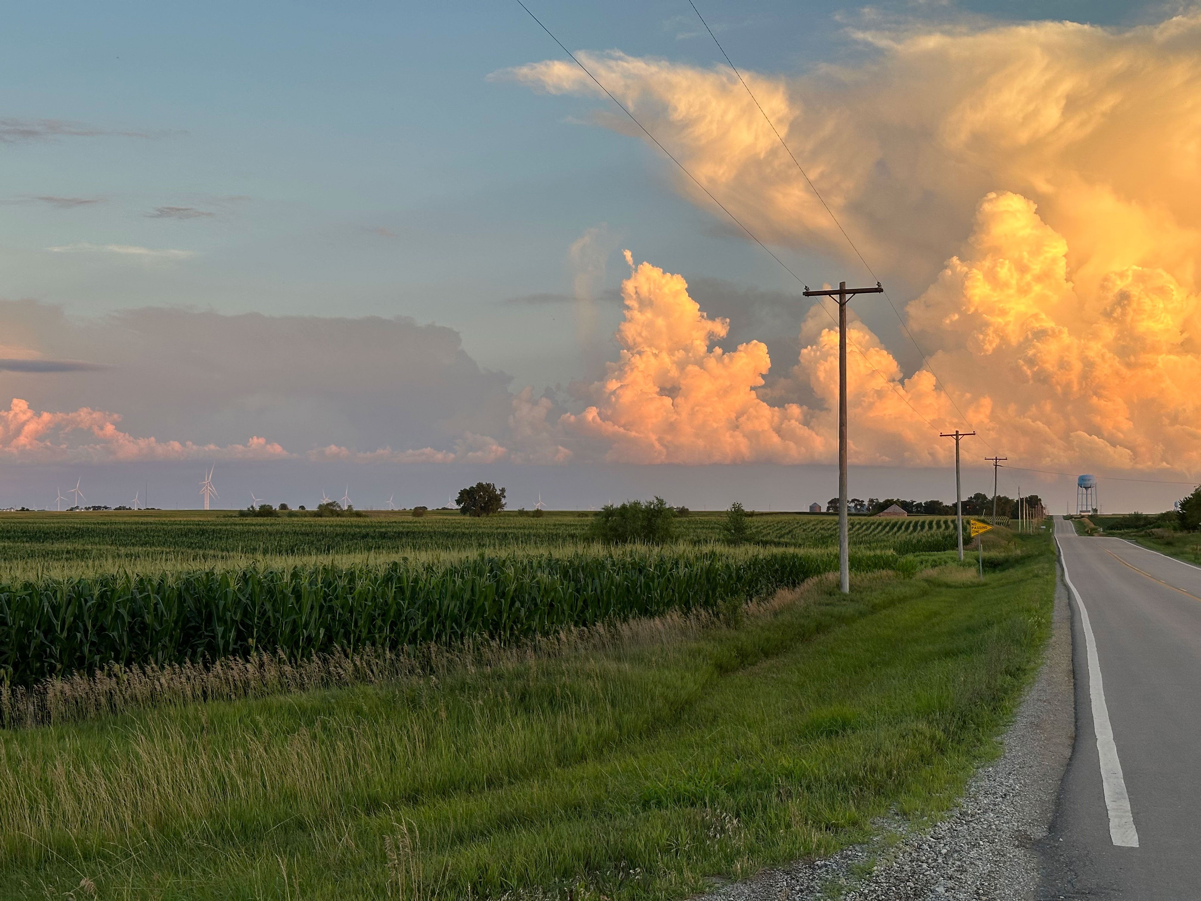 A rural road with power lines along it and fields. In the background are wind turbines.