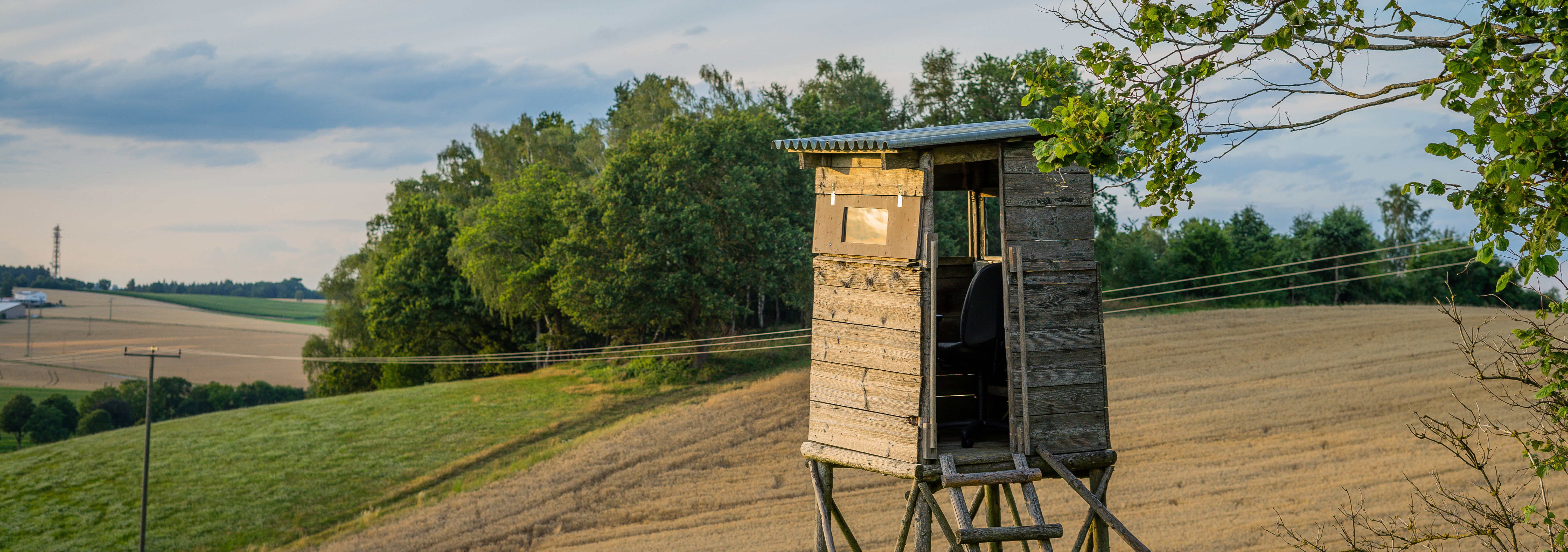 Hunting blind set up in view of power lines
